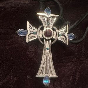 Silver Pewter Cross Pendant Necklace with Blue Accents